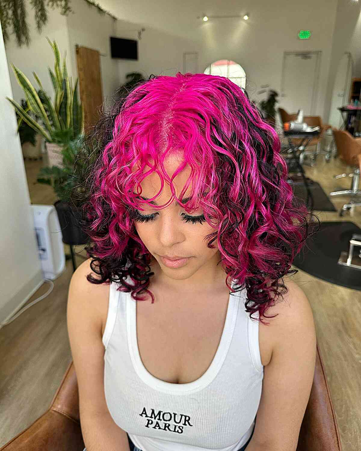 Y2K Neon Pink Shoulder-Length Curly Hair with Black Underneath