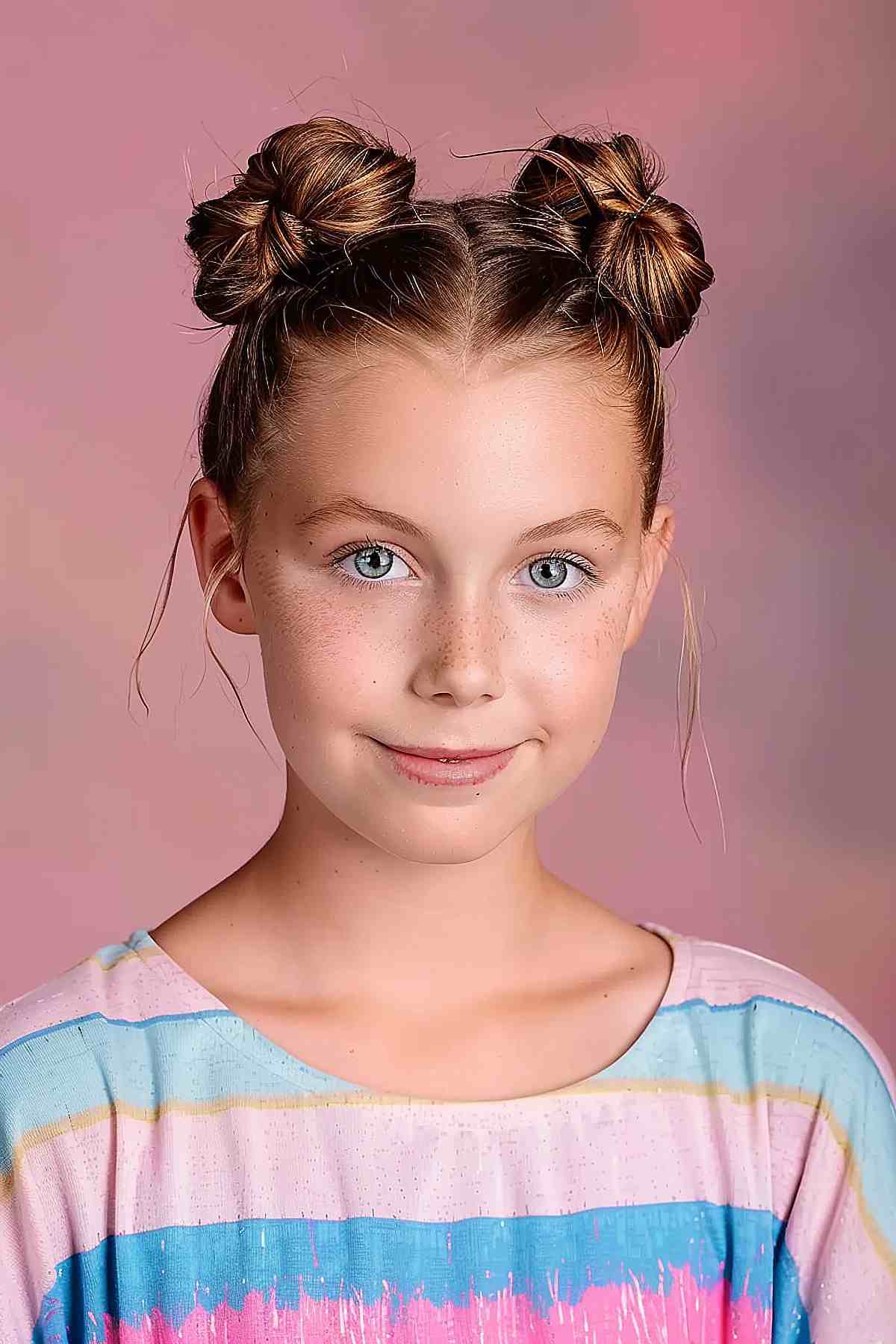 Young girl with Y2K-inspired space buns hairstyle