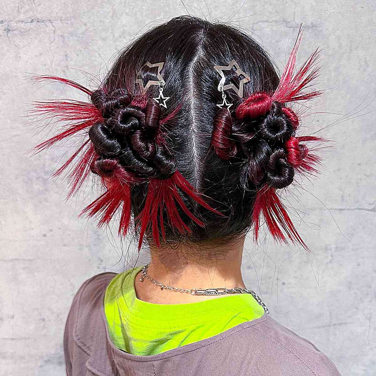 Y2K Twisted Spiked Buns with Red Highlights and Charms