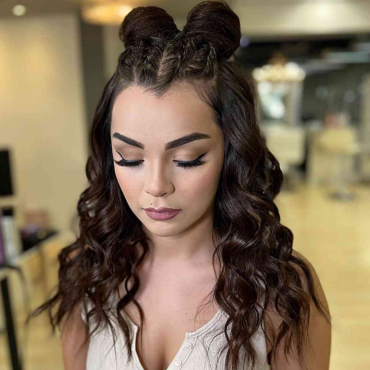 Y2K Two Half Buns and Baby Braids on Dark Mid-Length Wavy Hair