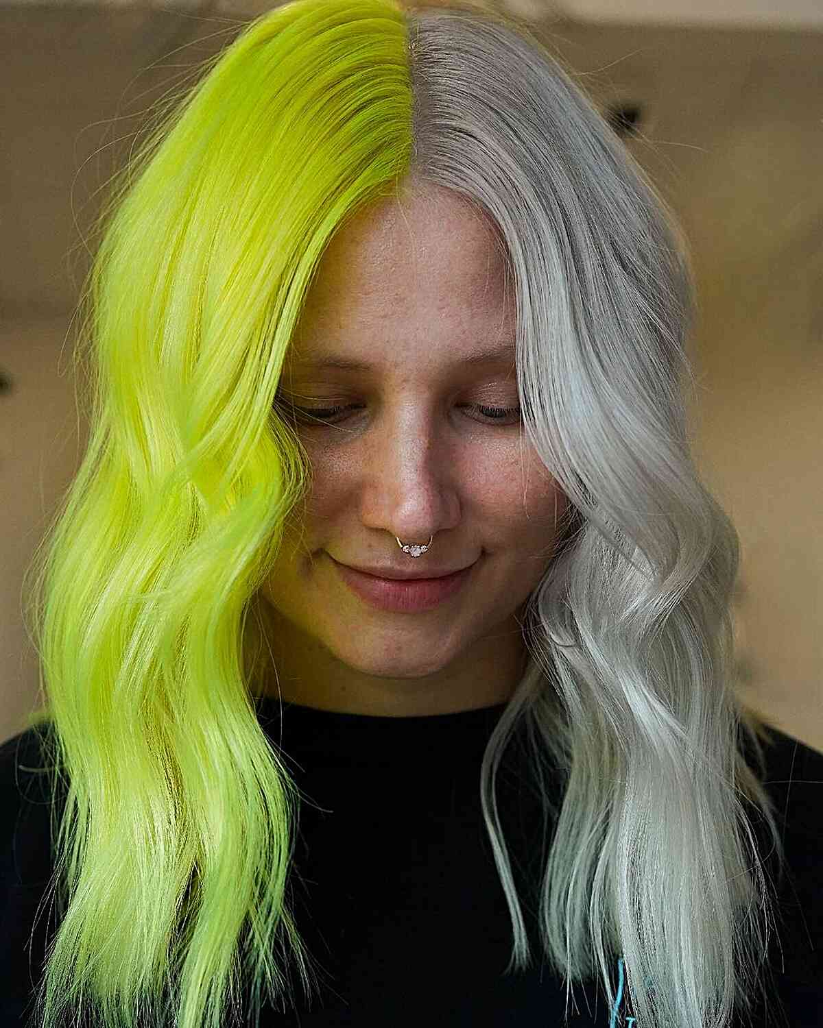 Yellow and Silver Blonde Middle-Parted Split Dyed Hair