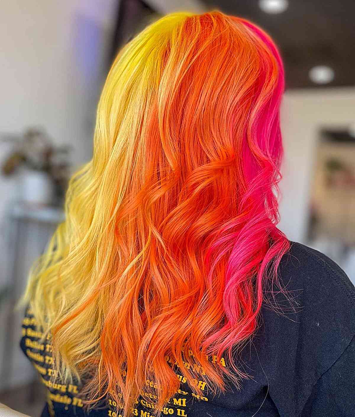 Yellow-Orange-Pink Sunset Split Dye Hair Color with Waves