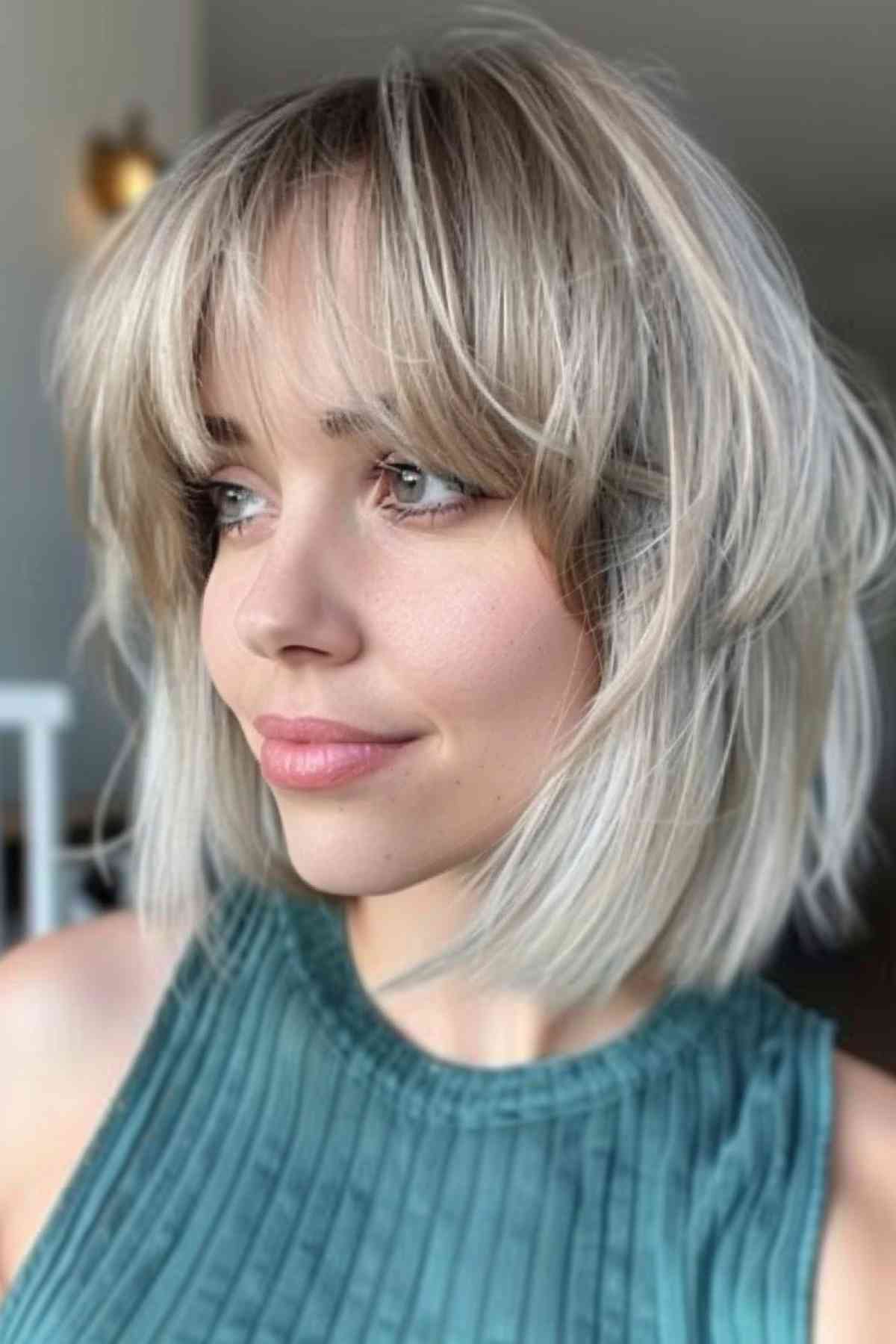 Young woman with a blunt textured lob and feathered bangs hairstyle