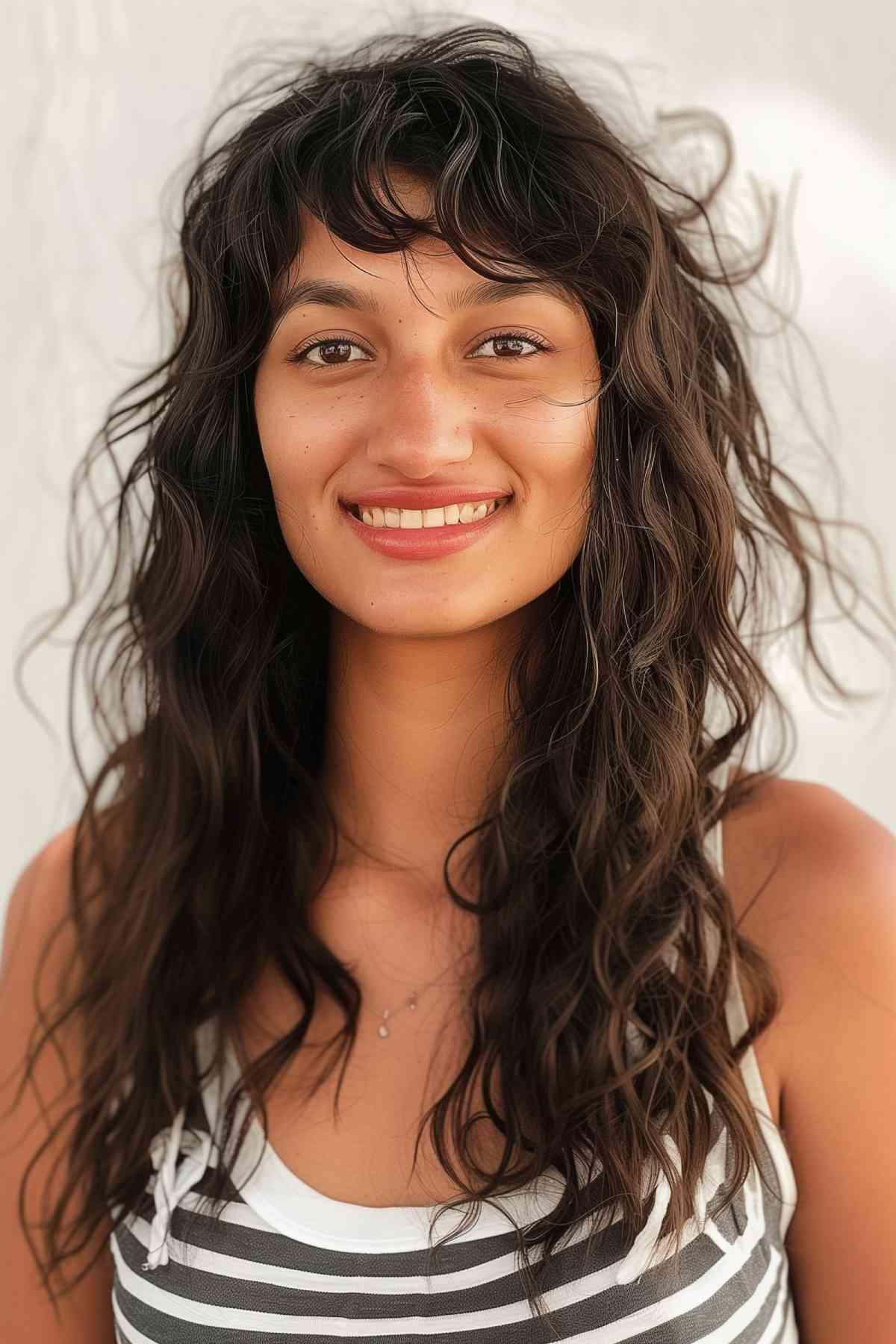 Young Woman with Long Wavy Curly Hair and Fringe on a Shag Cut