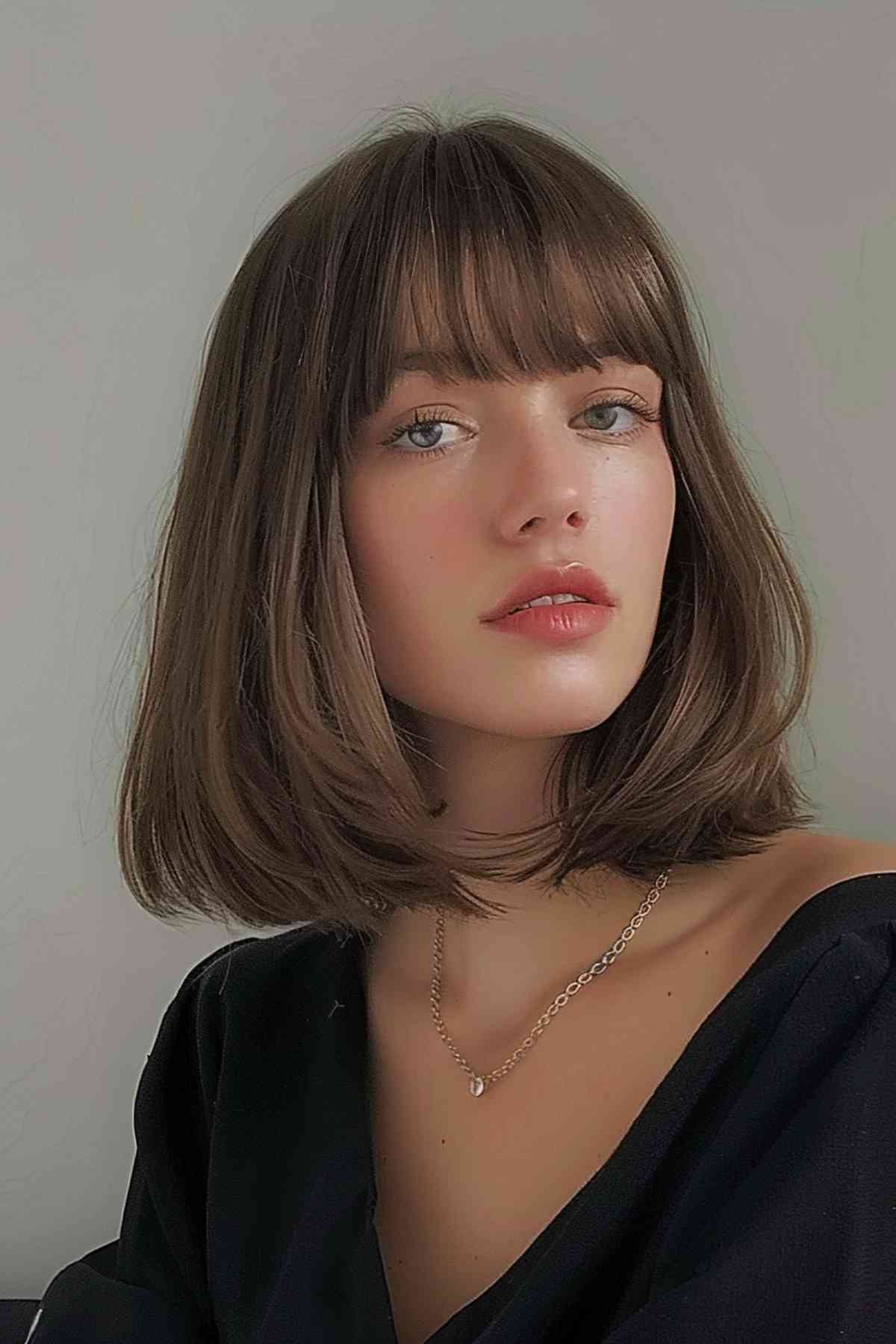Young woman with a full fringe and rounded shoulder-length bob