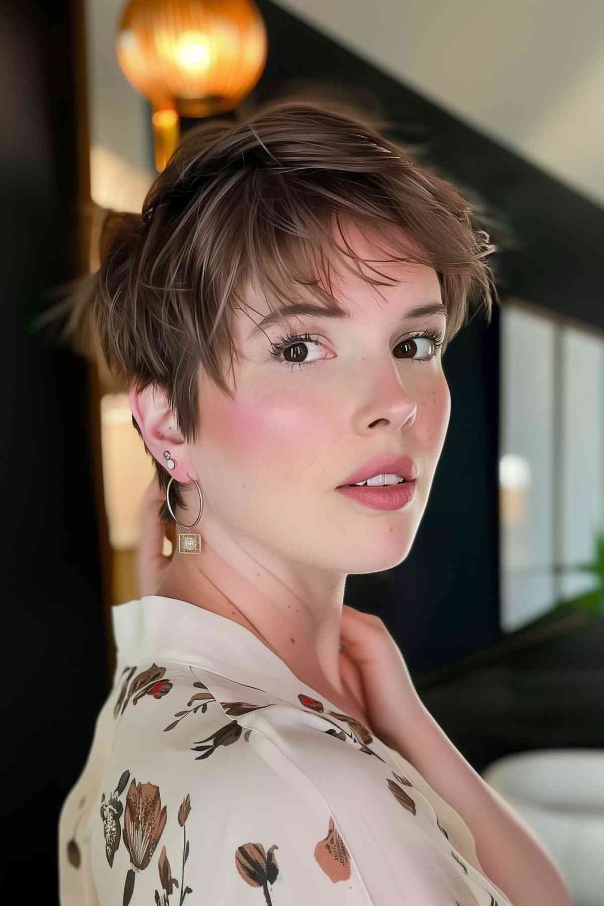 Elegant young woman with a short layered choppy pixie cut and side-swept fringe in a chic interior