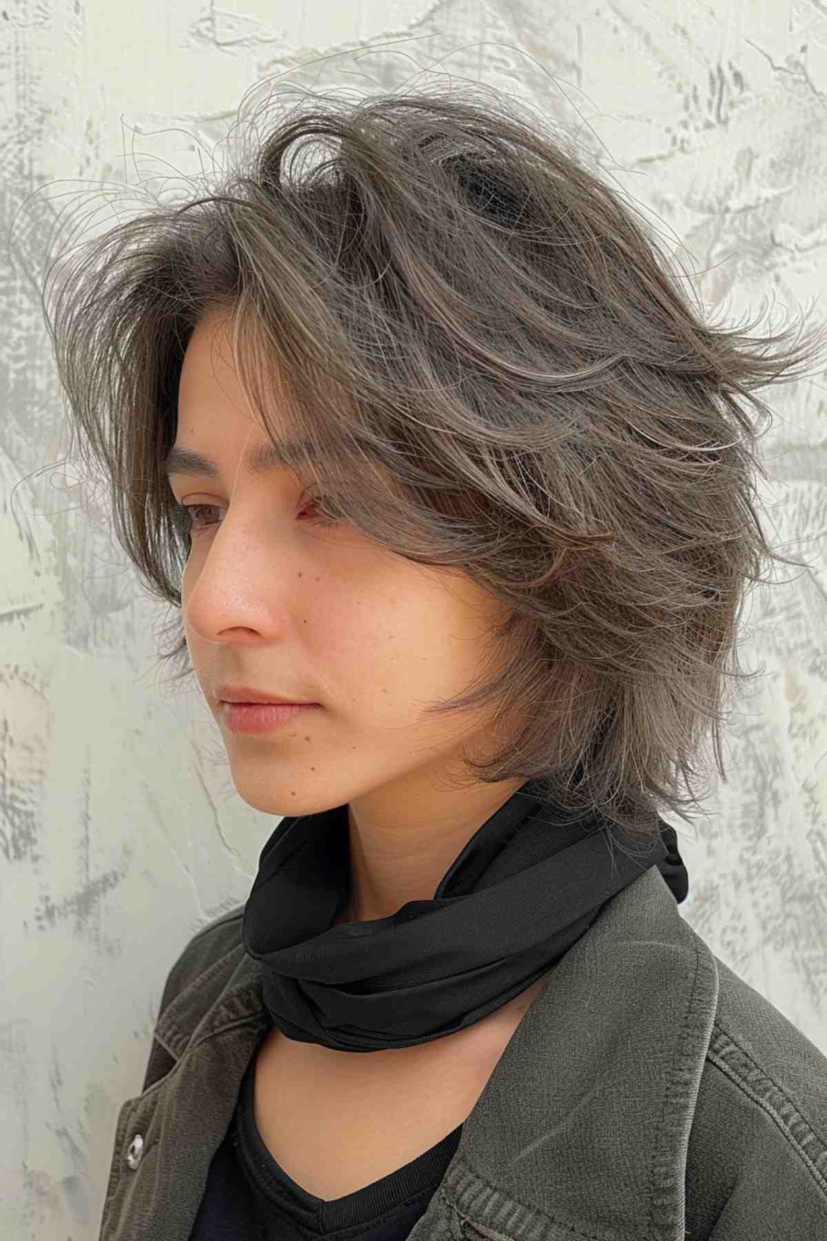 Tousled medium-short wolf cut with dimensional color on a young woman