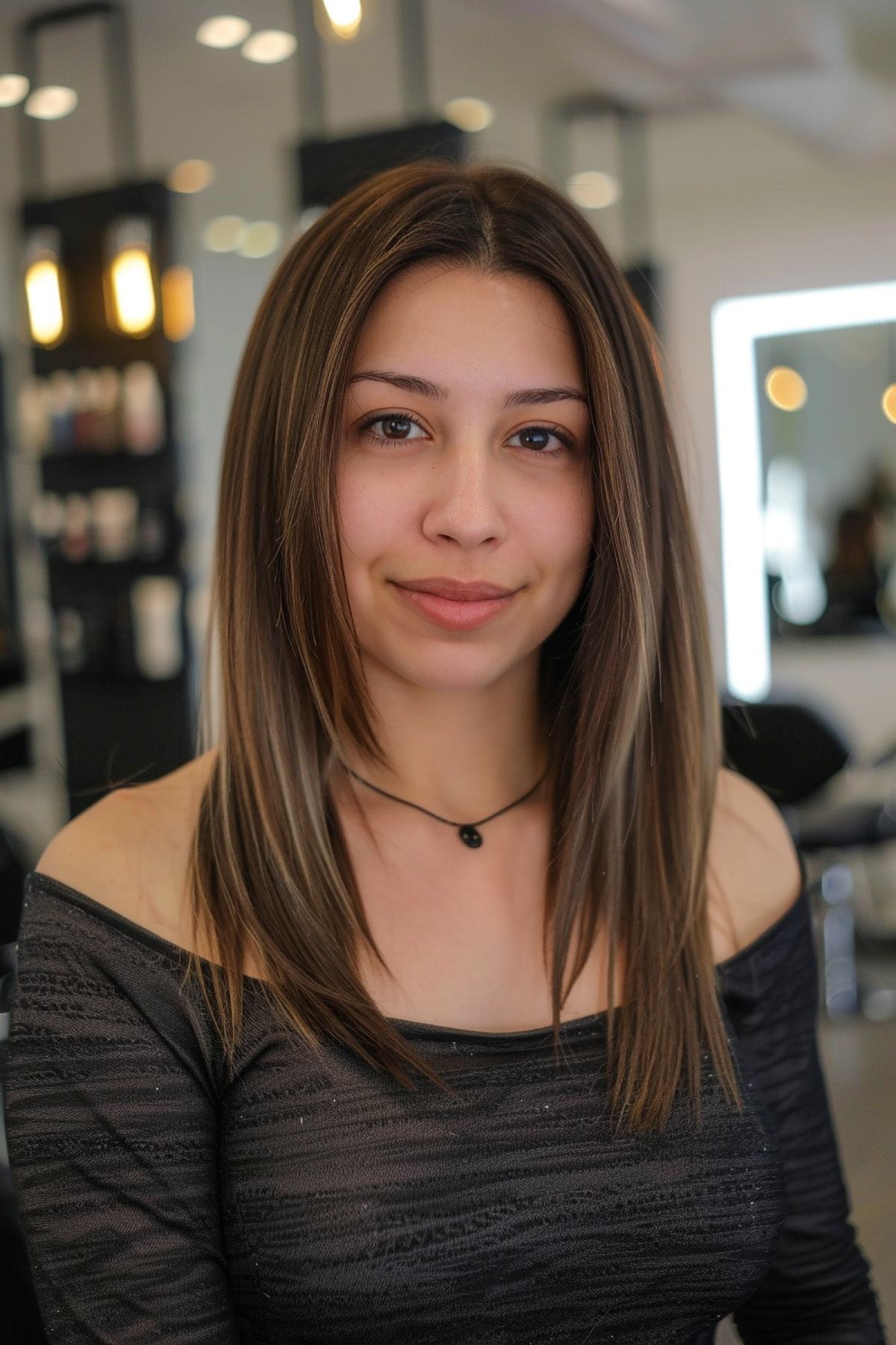 Young woman with sleek straight medium brown hair