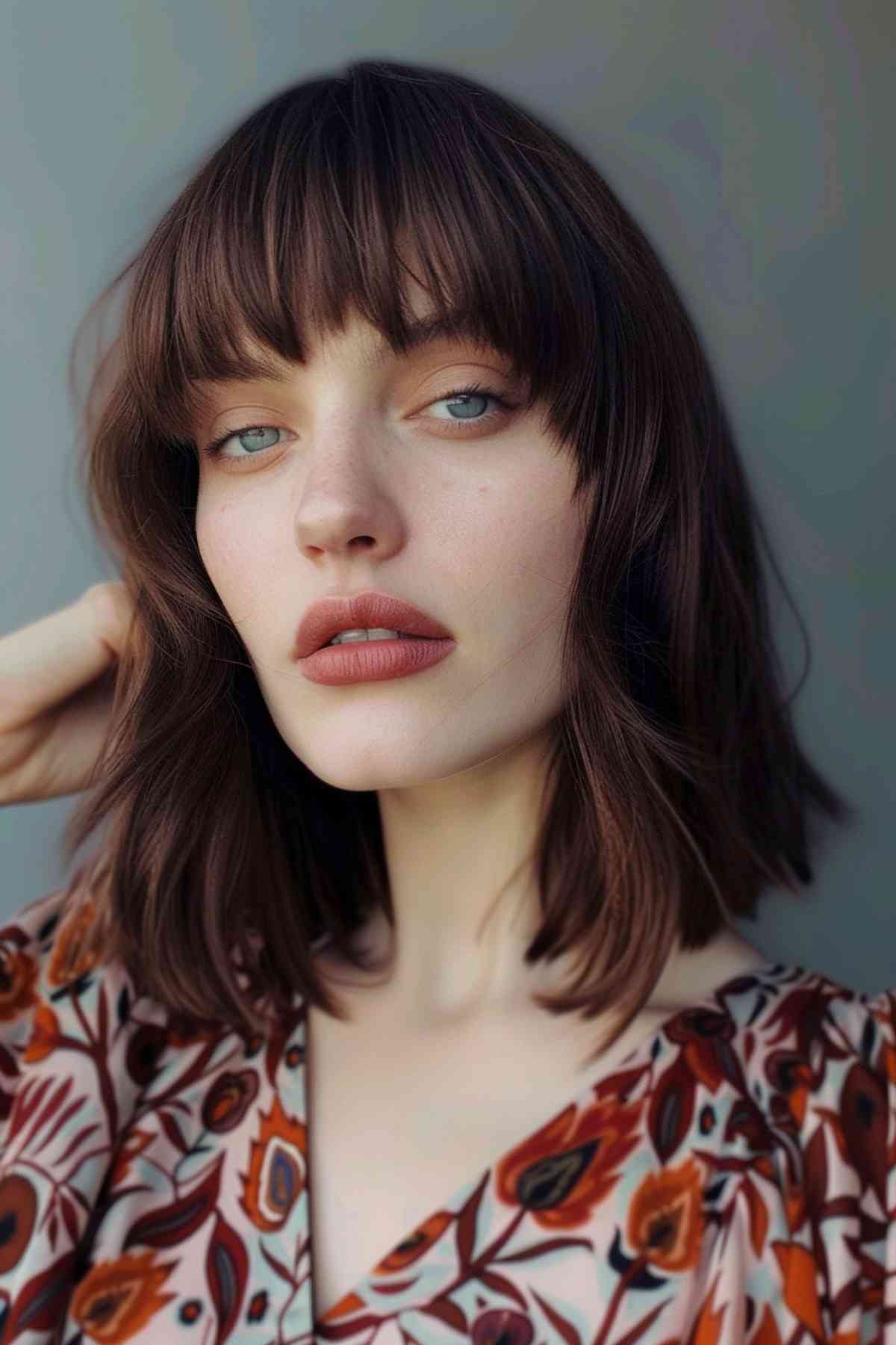 Young woman with voluminous layered bob and full eyebrow-grazing fringe