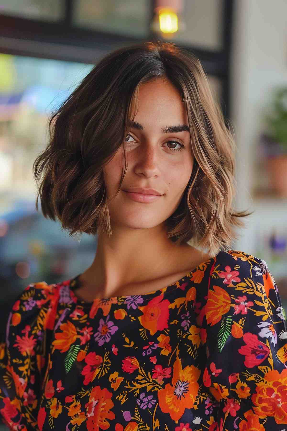 Young woman with balayage wavy chin-length layered haircut wearing floral top