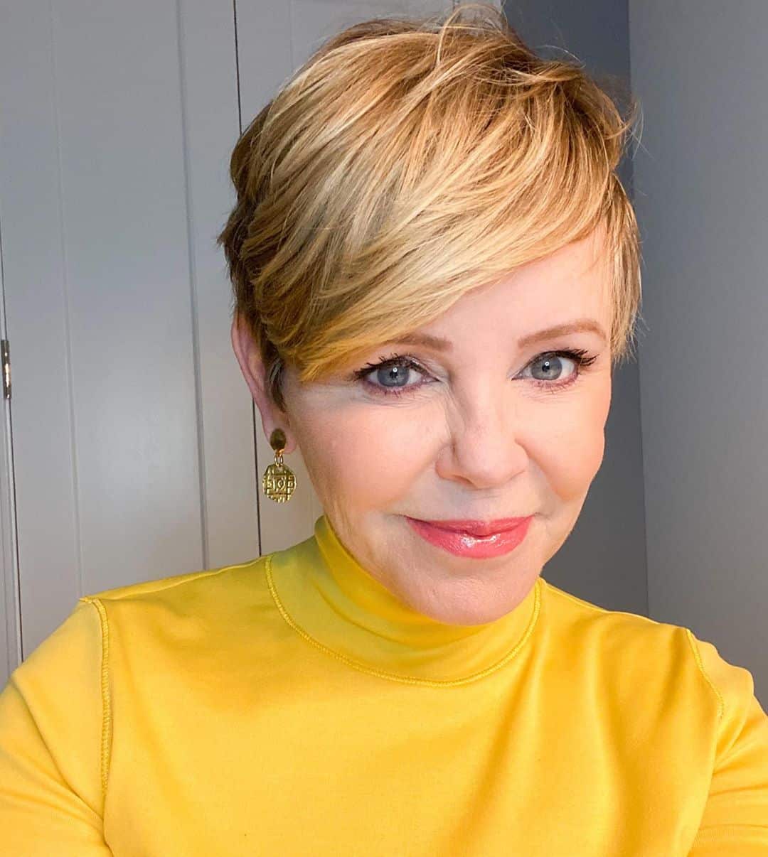 Pixie cut with long bangs for older women