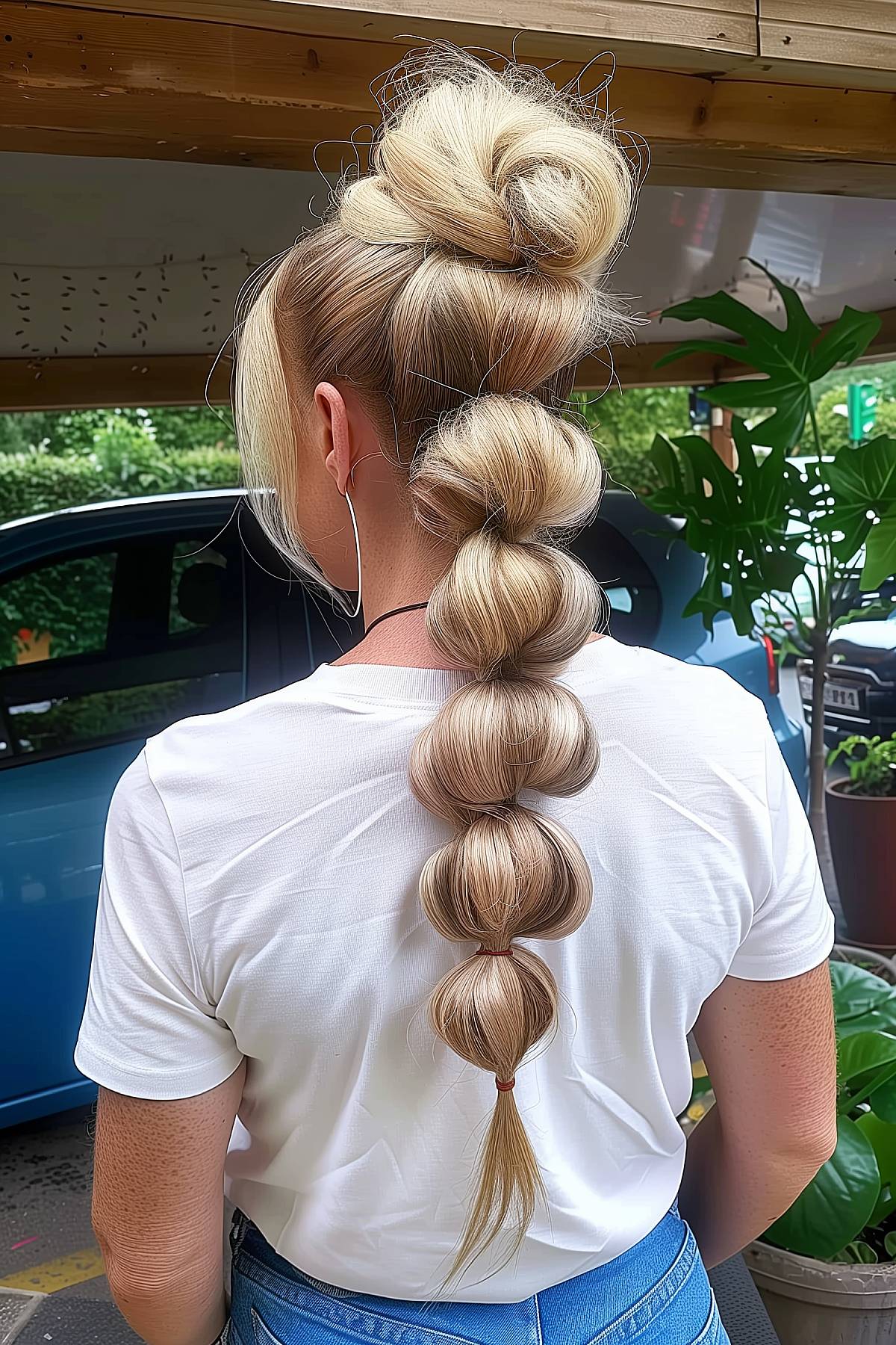 Youthful high bubble braid for a voluminous Y2K-inspired hairdo, great for adding lift to fine to medium hair.