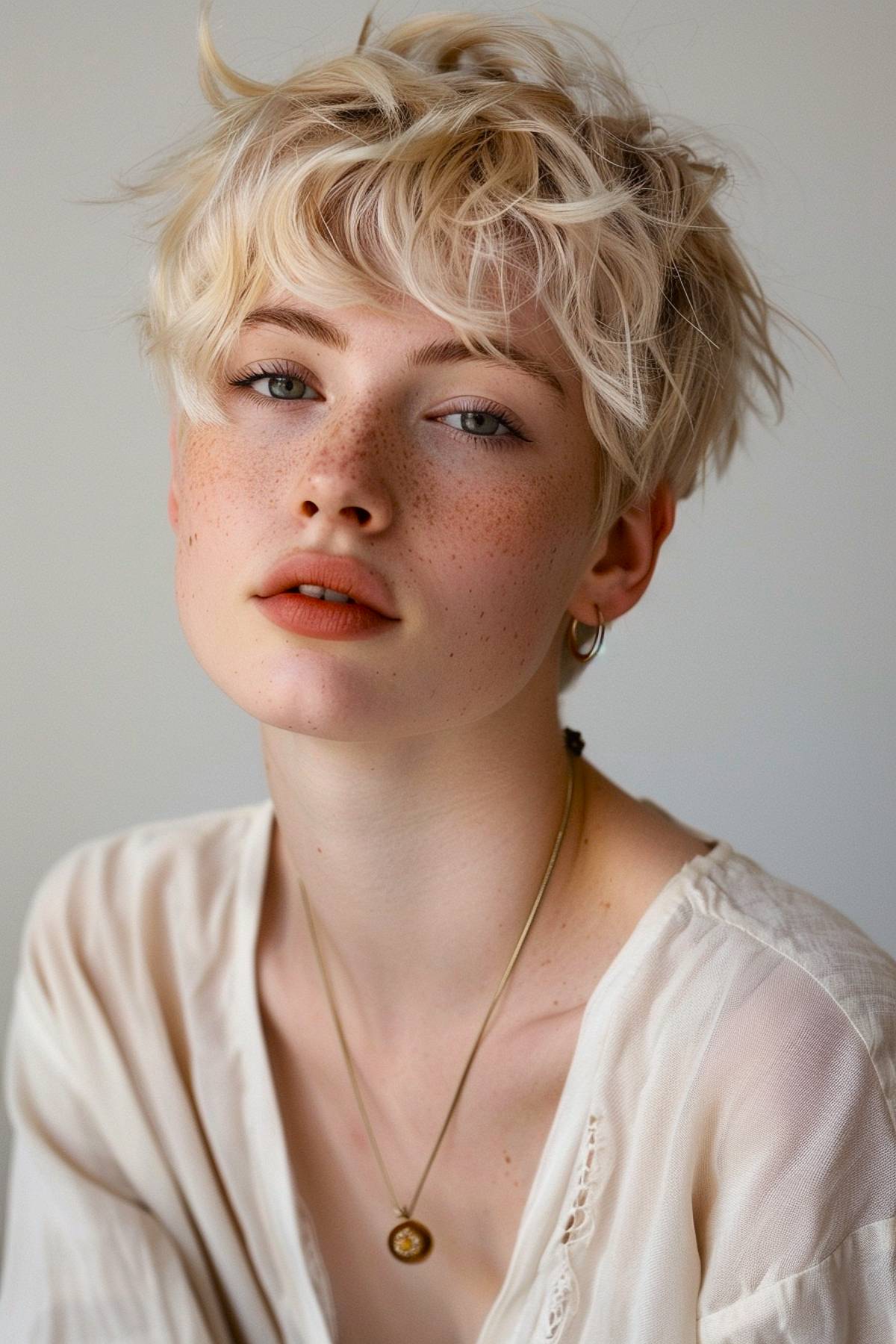 Platinum blonde wavy pixie haircut with soft bangs