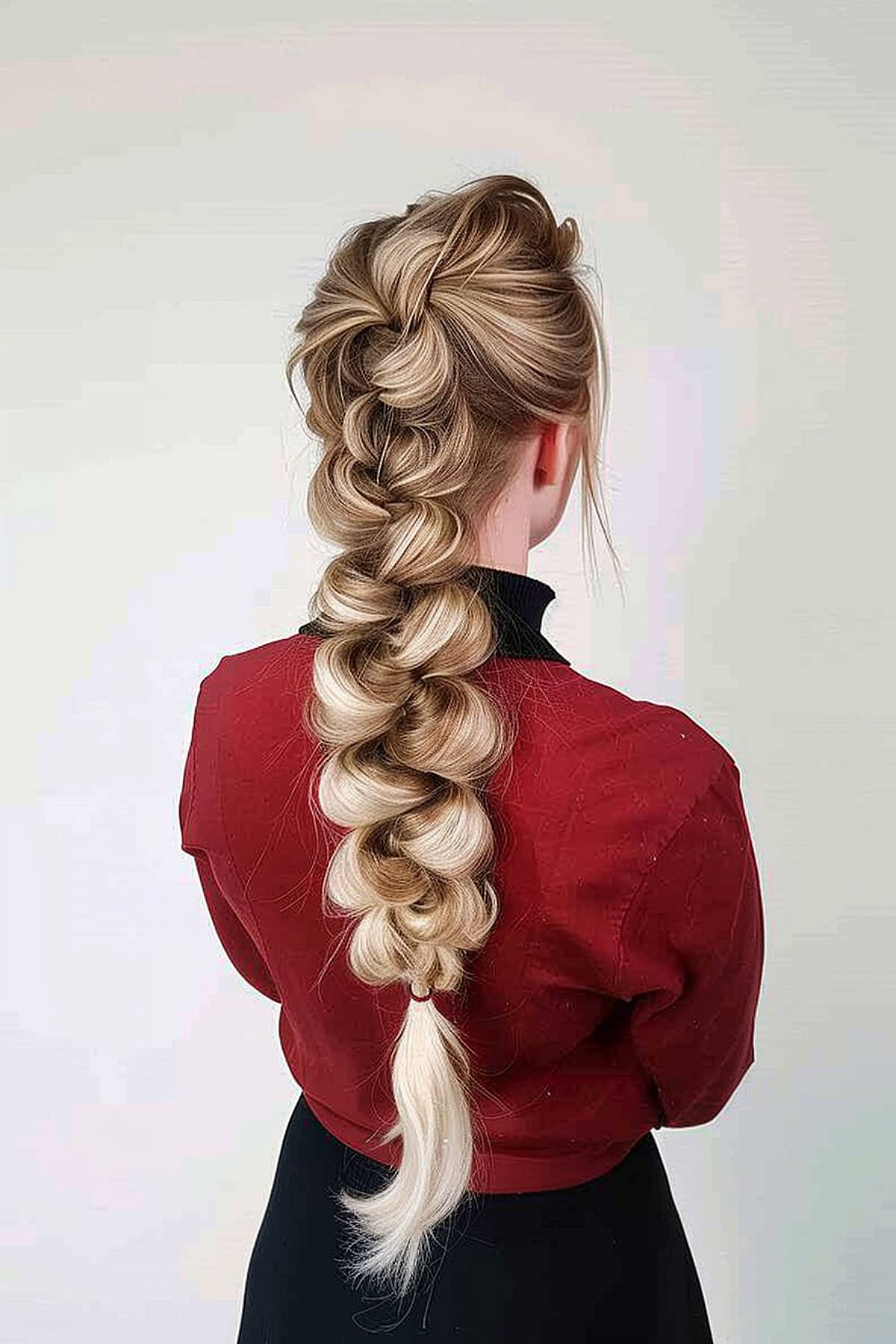 A playful bubble braid with a zigzag part, creating a geometric and voluminous effect for thinner hair textures.