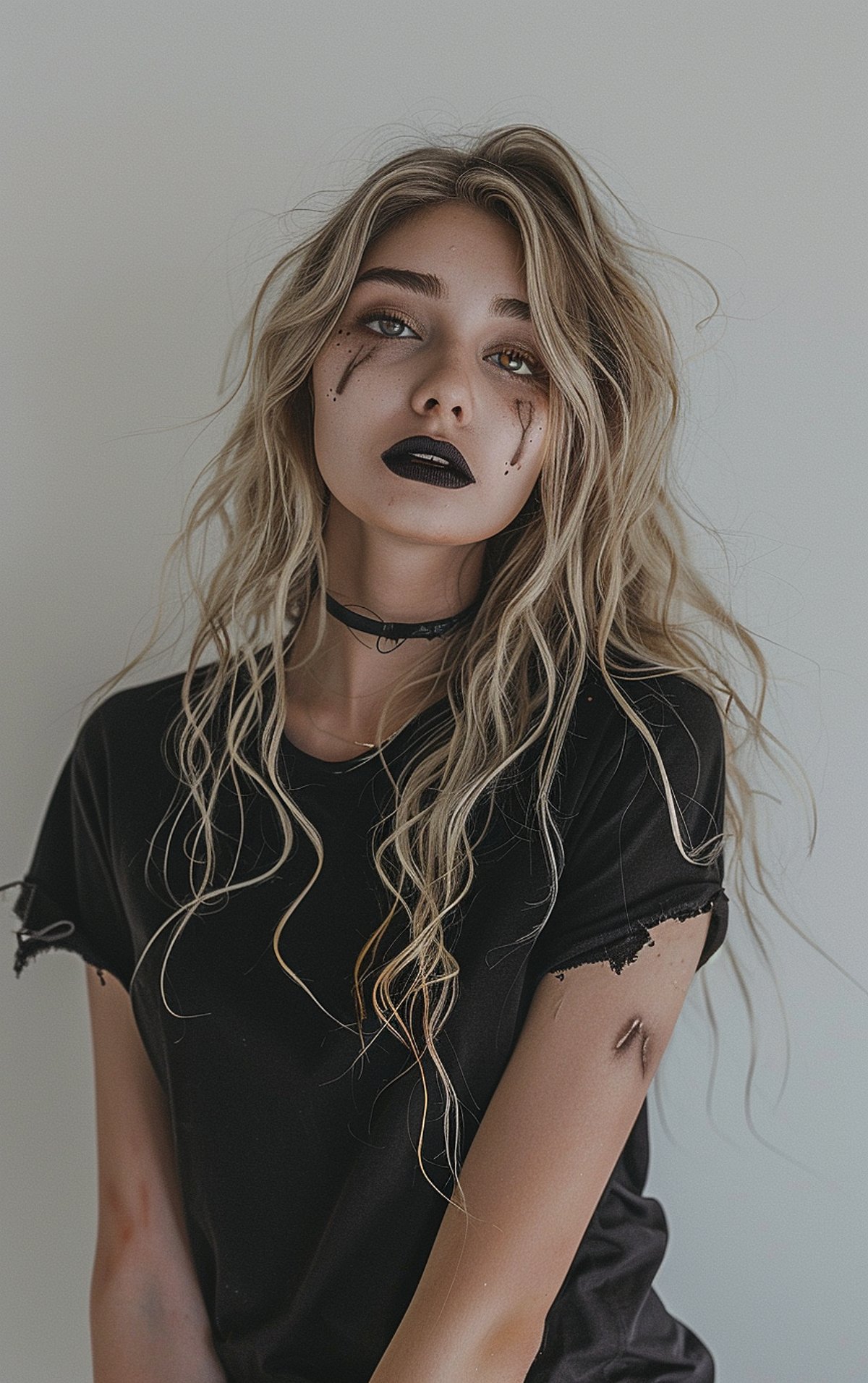 Zombie-inspired Halloween hairstyle with messy waves and texture